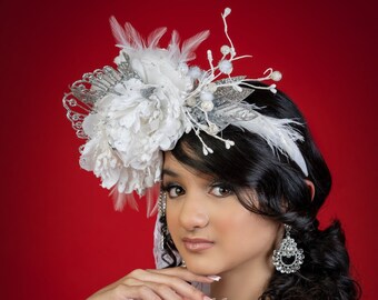 White Flower Fascinator Headband: Silver Glitter Butterfly Crown