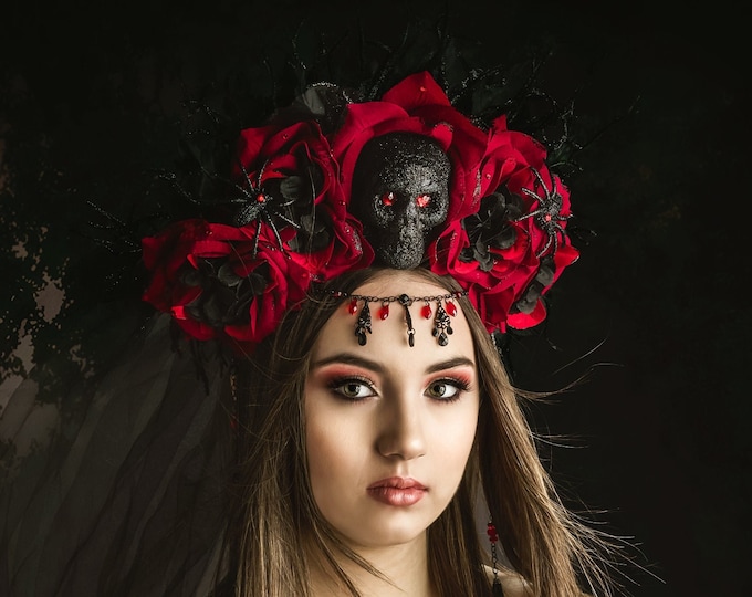 Rose Skull Crown, Flower Crown, Veiled Headband, Gothic Headdress, Floral Headpiece, Gothic Crown, Day of the Dead Flower Crown, Halloween