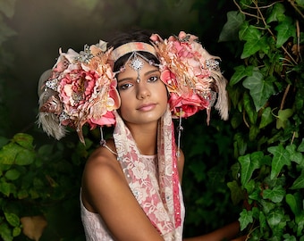 Peach Goddess Headdress, Flower Headdress, Fairy Crown, Floral Headpiece, Fantasy Crown, Butterfly Headdress, Feather Headdress