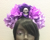 Purple Rose Skull Crowns, Day of the Dead Flower Crown, Día de los Muertos Headdress, Veiled Headdress, Skull Headband, Rose Crown, Frida