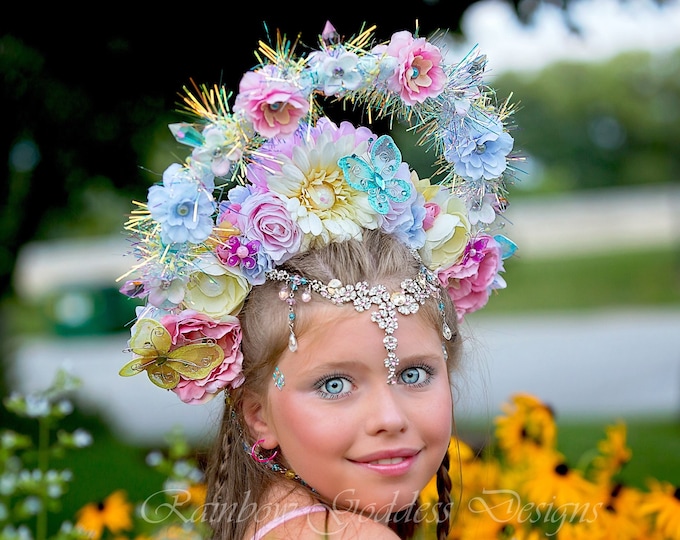 Rainbow Fairy Flower Headpiece, Pastel Garden Halo, Rainbow Floral Halo Headdress, Pastel Flower Crown, Elevated Halo