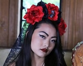 Flower Crown, Rose Skull Crown, Veiled Headband, Flower Head Wreath, Floral Headpiece, Floral Crown, Day of the Dead Flower Crown, Halloween