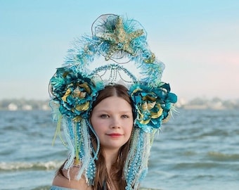 Teal & Gold Iridescent Mermaid Crown, Mermaid Flower Headdress, Starfish Seashell Tiara, Sea Witch Mermaid Halo Crown, Beach Goddess Wedding