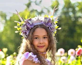 Lavender & Silver Deer Horn Headpiece, Butterfly Horned Flower Crown, Fawn Horn Headband, Woodland Fairy Goddess Headdress, Festival Crown