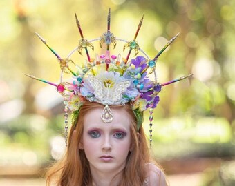 Rainbow Goddess Headdress, Fairy Flower Headpiece, Rainbow Halo Crown, Elevated Halo, Mushroom Headpiece, Crystal Crown, Rainbow Pride Tiara