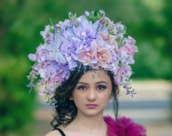 Lavender Flower Headdress, Purple Fairy Crown, Pink Flower Headband, Goddess Floral Crown, Wedding Headpiece, Festival Crown