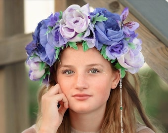 Purple Flower Crown, Fairy Crown, Floral Crown, Purple Headdress, Floral Headdress, Flower Headdress, Rose Crown, Fairy Costume, Wedding