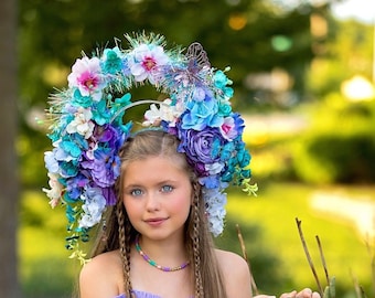 Lavender Torquoise Flower Headdress, Purple Fairy Crown, Pink Flower Headband, Goddess Floral Crown, Wedding Headpiece, Festival Crown