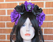 Rose Skull Crowns, Day of the Dead Flower Crown, Día de los Muertos Headdress, Veiled Headdress, Skull Headband, Rose Crown