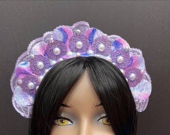 Lavender Lacey Mermaid Filigree Tiara, Glittery Pearl Mermaid Crown, Sea Goddess Headpiece, Sparkly Siren Little Mermaid Festival Headdress