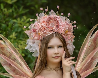 Peach Fairy Goddess Headdress, Butterfly Flower Fairy Crown, Floral Fantasy Headpiece, Butterfly Wing Headdress, Glittery Pink Pixie Crown