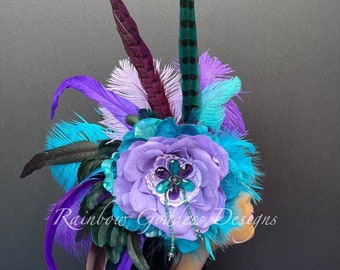 Purple & Teal Feather Fascinator, One Sided Flower Headband, Feather Headpiece, Flapper Headpiece, Roaring 20s, New Years Headband