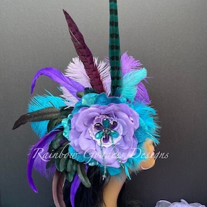 Purple Teal Feather Fascinator: Flapper Headpiece, Roaring 20s Headband