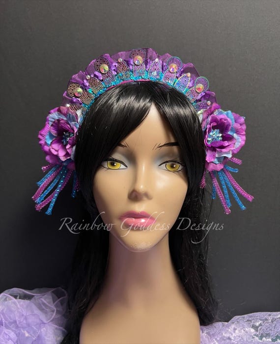 Purple & Blue Iridescent Fairy Crown, Holographic Fairytale Fantasy Flower Crown, Rainbow Filigree Headband, Sparkly Festival Rave Tiara