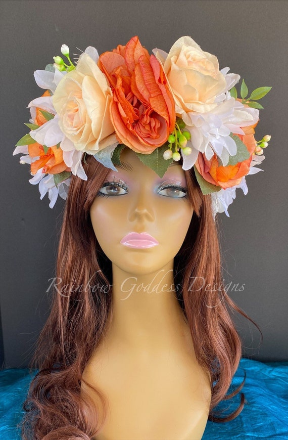 Fall Wedding Crown, Orange Flower Crown, Fairy Flower Head Wreath, Boho Floral Headpiece, Coral Floral Headband, Rustic Wedding Hairpiece