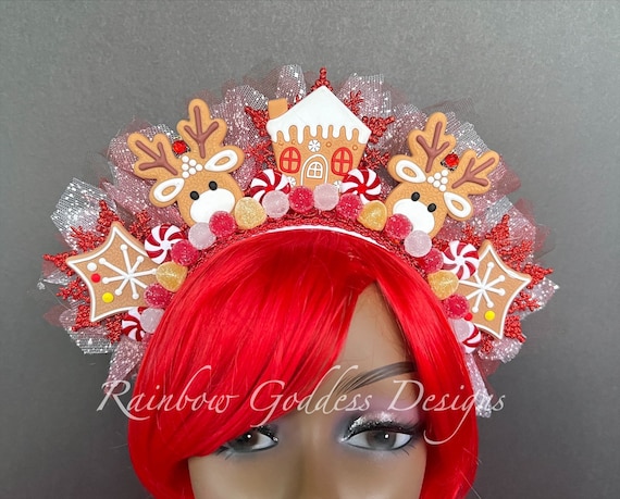 Reindeer Gingerbread Headdress, Peppermint Christmas Headband, Candy Holiday Headband, Photo Prop, Ugly Sweater Party, Gingerbread Crown