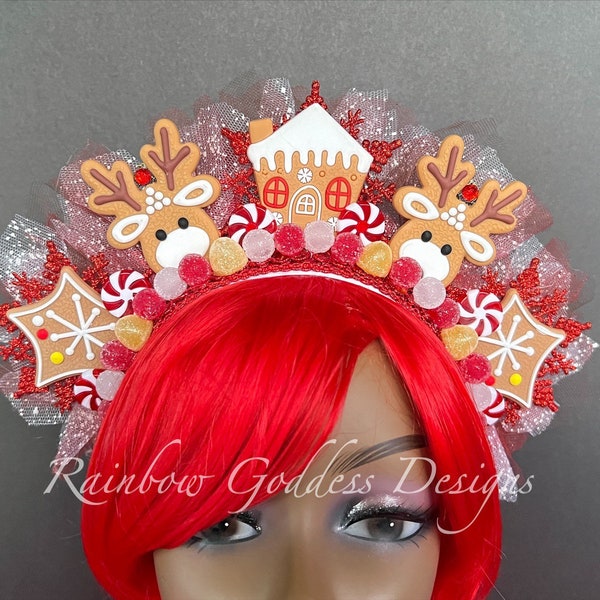 Reindeer Gingerbread Headdress, Peppermint Christmas Headband, Candy Holiday Headband, Photo Prop, Ugly Sweater Party, Gingerbread Crown