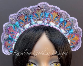 Lavender Multi-Color Mermaid Filigree Tiara, Iridescent Metal Lace Crown, Sea Goddess Crown, Pearl Princess Halo Headpiece, Mermaid Headband