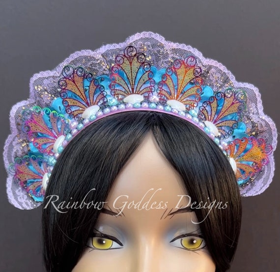 Lavender Multi-Color Mermaid Filigree Tiara, Iridescent Metal Lace Crown, Sea Goddess Crown, Pearl Princess Halo Headpiece, Mermaid Headband
