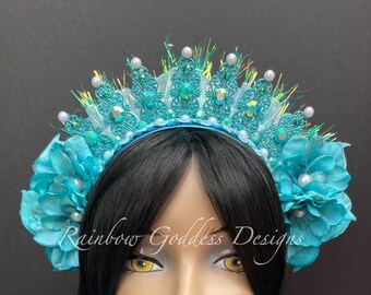 Turquoise Mermaid Flower Crown, Barbie Blue Mermaid Filigree Tiara, Iridescent Pearl Sea Goddess Headpiece, Aqua Blue Festival Headdress