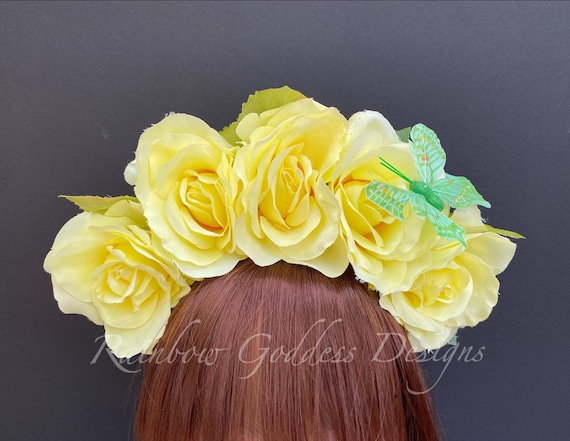 Yellow Rose Flower Crown Headband, Flower Headband, Floral Headpiece, Frida Kahlo Crown, Wedding, Butterfly Flower Crown, Music Festival