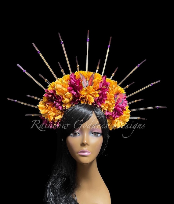 Yellow & Fuchsia Spiked Halo Flower Crown, Butterfly Fairy Headdress, Flower Halo Headpiece, Sunburst Crown, Catrina Crown, Frida Kahlo