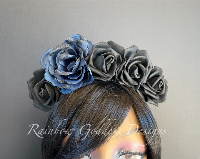 Black and Navy Blue Rose Crown, Day of Dead Flower Crown, Halloween Headpiece, Floral Headpiece, Floral Crown, Frida Headpiece, All Ages