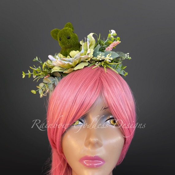 Green Easter Bunny Fascinator Headband, Peter Rabbit Flower Crown, Spring Goddess Garden Party Headpiece, Springtime Asymmetrical Headband