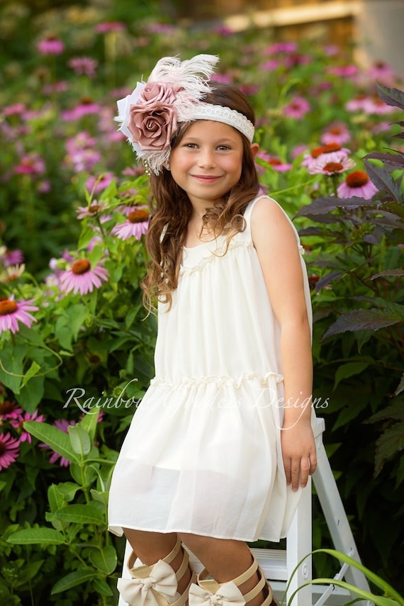 White & Dusty Rose Headpiece, Feather Fascinator, Mauve Flower Hairband, Flapper Style Hair Accessory, Wedding Fascinator, Gatsby Florals