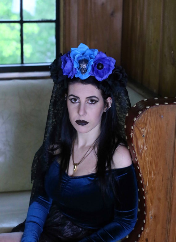 Blue & Black Rose Skull Headband, Floral Crown, Gothic Flower Crown Headband, Flower Headband, Day of the Dead Headband, Halloween Headband