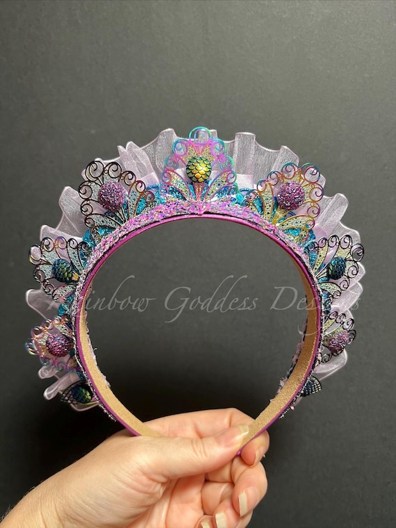 Handmade Rainbow Mermaid Crown, Glittery Filigree Headband, Ocean Fantasy Accessory