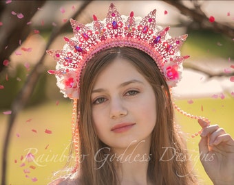 Valentines Pink Tiara Metal Crown, Filigree Crown, Jeweled Princess Crown, Filigree Headband, Halo Headpiece, Sweetheart Crown, Pink Fairy