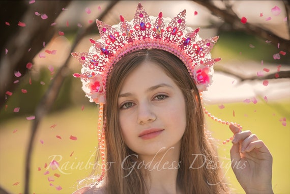 Valentines Pink Tiara Metal Crown, Filigree Crown, Jeweled Princess Crown, Filigree Headband, Halo Headpiece, Sweetheart Crown, Pink Fairy