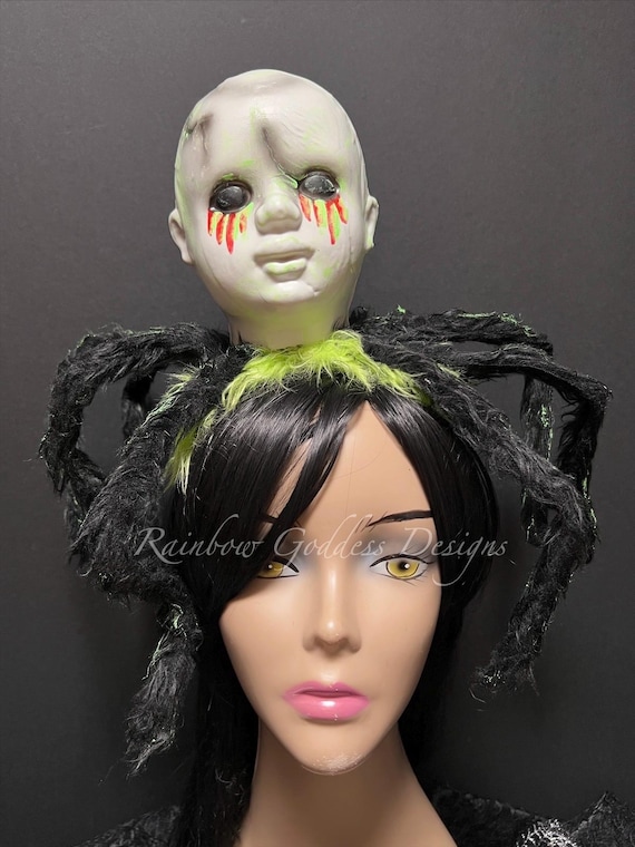 Radioactive Creepy Baby Doll Head Spider Crown – Neon Green Blood Tears Gothic Halloween Headpiece