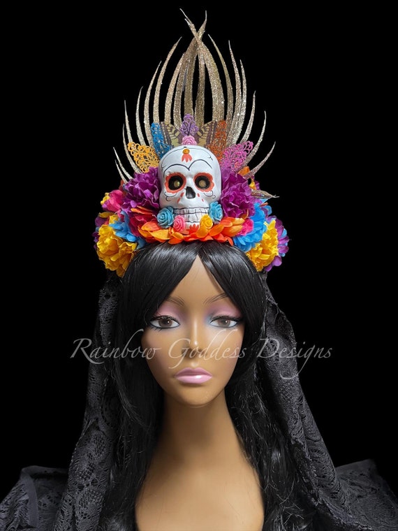 Colorful Dia de los Muertos Sugar Skull Flower Crown, Veiled Headband, Floral Headpiece, Floral Crown, Halloween, Frida Kahlo, Catrina
