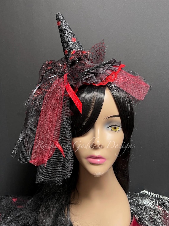 Glittery Mini Witch Hat Headband: Red, Black Bat & Spider Halloween Fascinator
