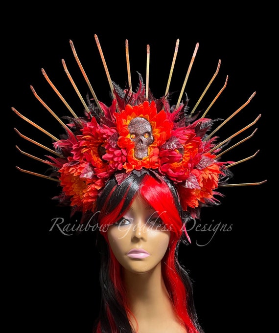 Fire Goddess Spiked Halo Skull Flower Crown, Dark Fire Fairy Headdress, Gothic Fall Flower Headpiece, Sunburst Crown, Vampire Queen Crown