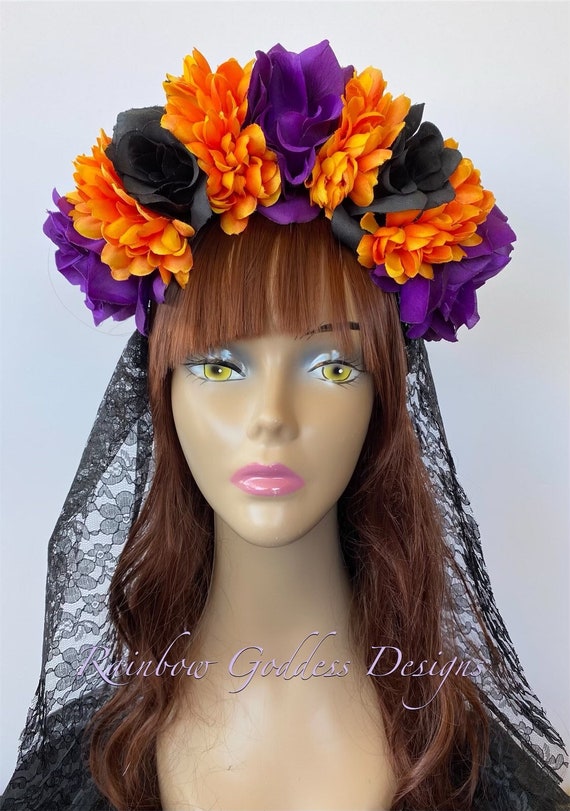 Halloween Flower Crown, Rose Crown, Veiled Headband, Floral Headpiece, Floral Crown, Day of the Dead Flower Crown, Frida Kahlo, Catrina