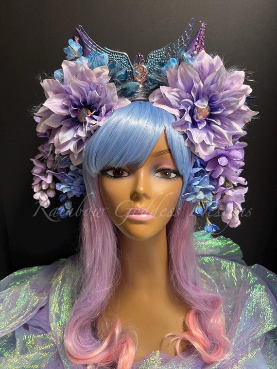 Steampunk Fairy Crown, Purple Horn Headpiece, Pride Festival Headdress, Fantasy Flower Crown, Cosplay Horn Crown