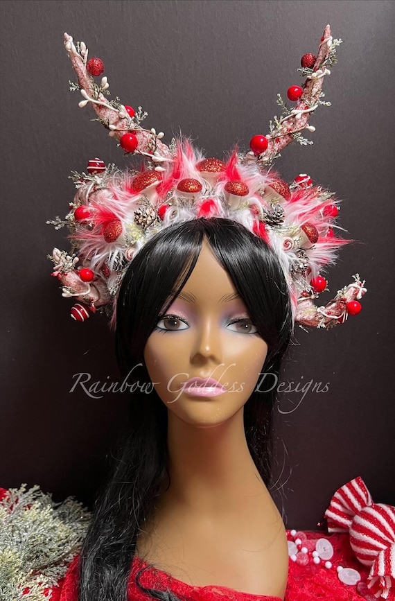 Krampus Double Horned Headdress, Holiday Mushroom Headpiece, Winter Solstice Crown, Yuletide  Horns, Creepmas, Festive Christmas Horns