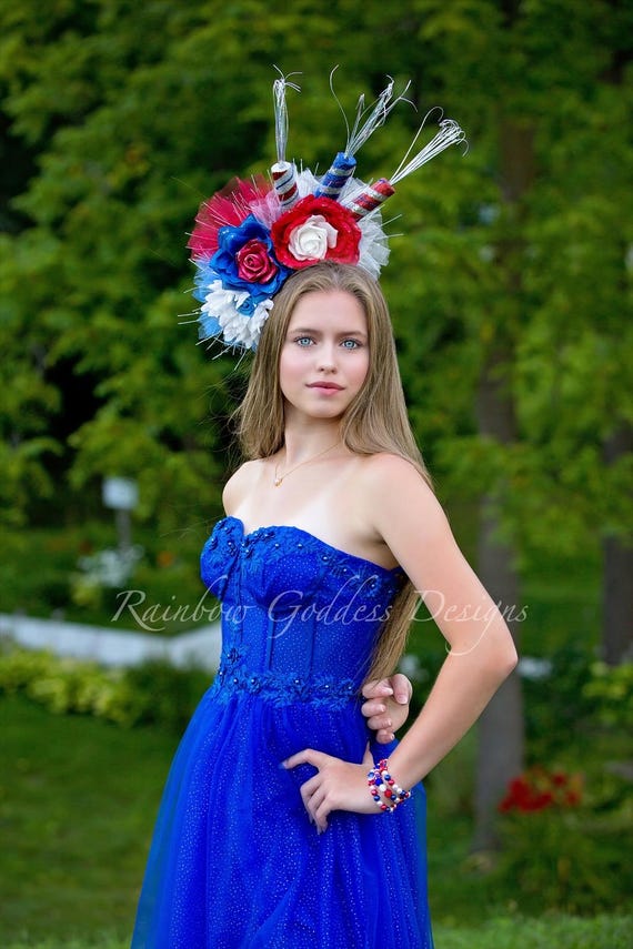 4th of July Firework Crown, Red White Blue Floral Headpiece, Americana Independence Day Halo