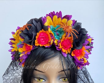 Comenzar Mensajero marioneta Colorful Dia De Los Muertos Flower Crown Rose Crown Veiled - Etsy