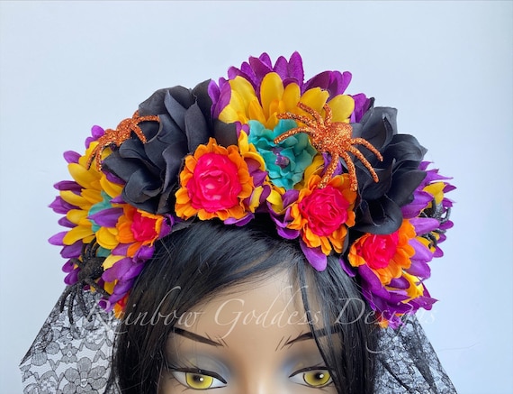 Colorful Dia de los Muertos Flower Crown, Rose Crown, Veiled Headband, Floral Headpiece, Floral Crown, Halloween, Frida Kahlo, Catrina