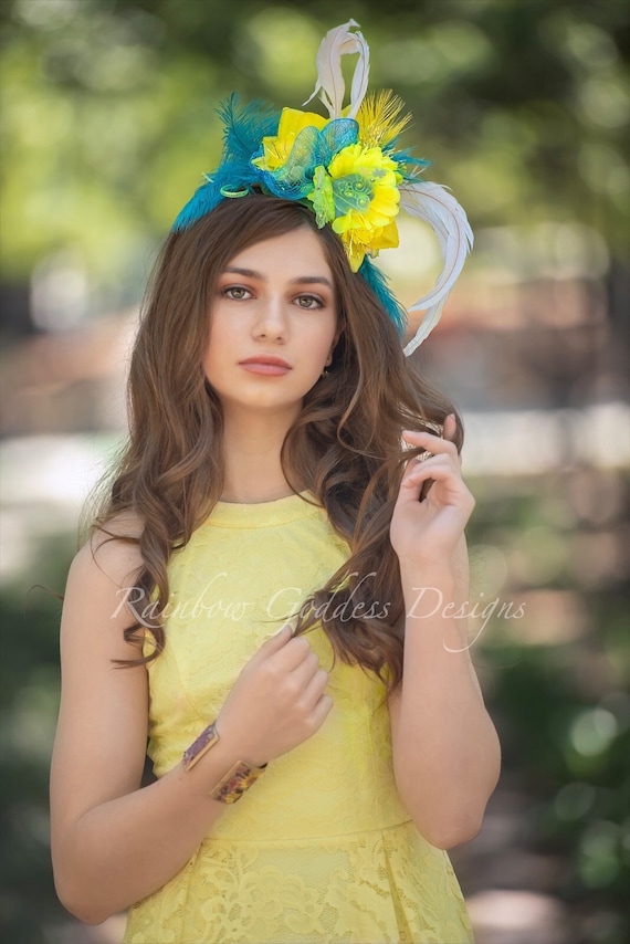 Blue & Yellow Feather Flower Headband, Flower Crown, Feather Fairy Crown, Kentucky Derby Fascinator, Tea Party Wedding, Fairy Headband
