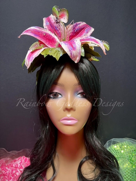 Venus Flytrap Headpiece, Tropical Flower Crown, Purple Lily & Peony Headband, Fantasy Festival Accessory