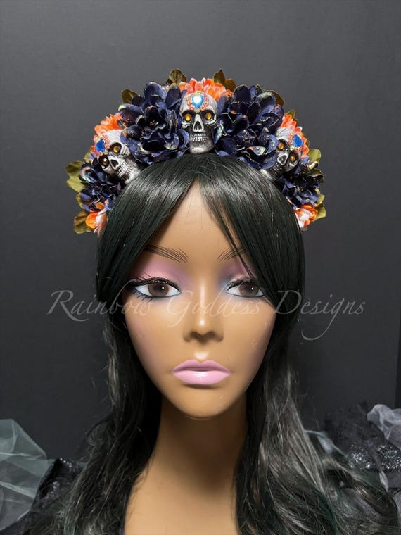 Día de los Muertos Crown, Sugar Skull Flower Crown, Navy Blue Halloween Headpiece
