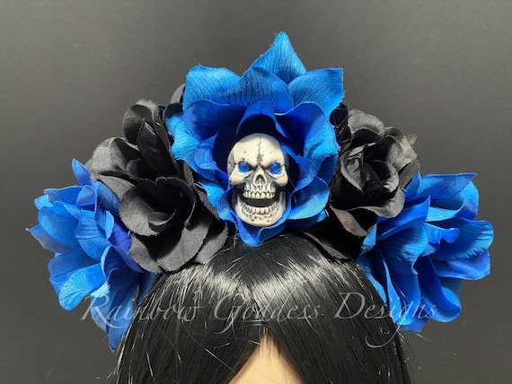 Black & Blue Flower Crown, Rose Skull Crown, Veiled Headband, Gothic Headpiece, Floral Crown, Day of the Dead Flower Crown, Halloween