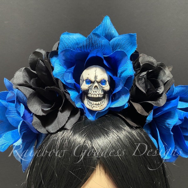 Black & Blue Flower Crown, Rose Skull Crown, Veiled Headband, Gothic Headpiece, Floral Crown, Day of the Dead Flower Crown, Halloween