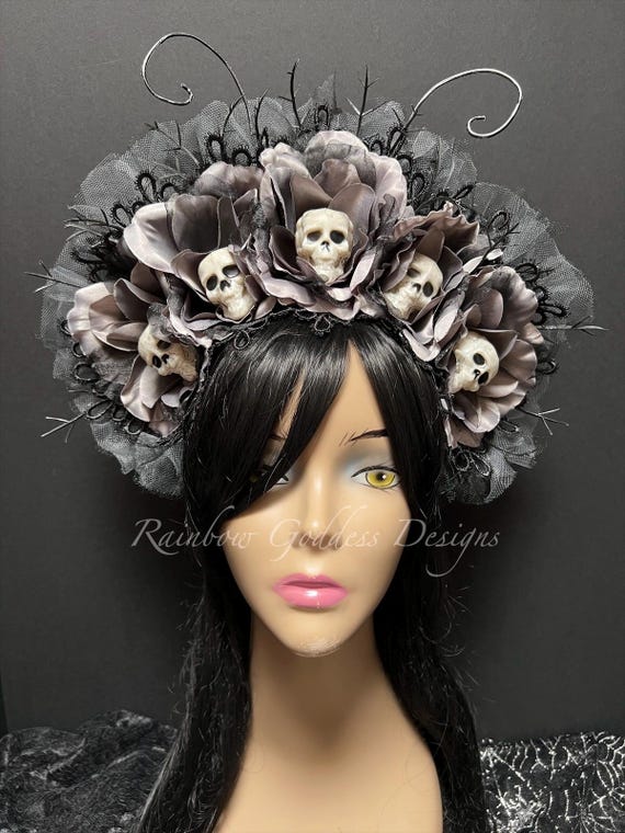 Death Moth Flower Crown – Gothic Skull Headpiece – Halloween, Witch, or Dark Fairy Costume