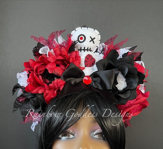 Red, Black & White Voodoo Doll Headpiece, Lace Flower Crown, Voodoo Doll Headband,  Voodoo Doll Costume, Halloween Headpiece, Halloween